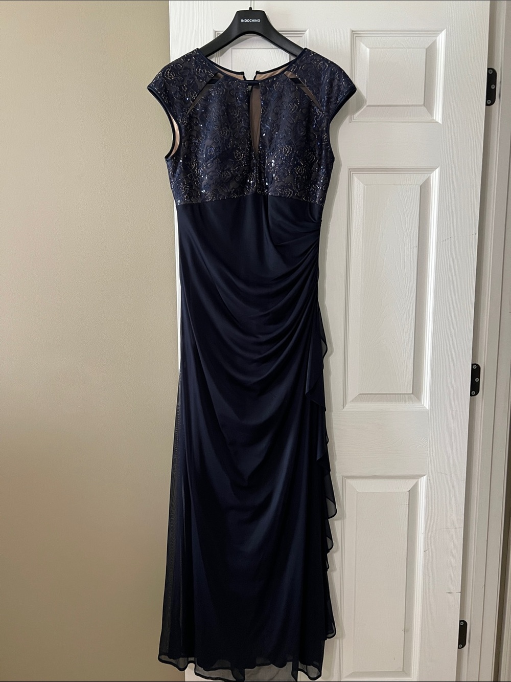 Navy Cap-Sleeve Beaded Evening Gown